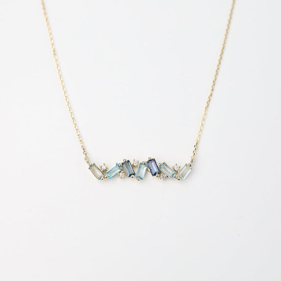 NKL-14K Yellow Gold Frenesia Mixed Blue Topaz Bar Necklace