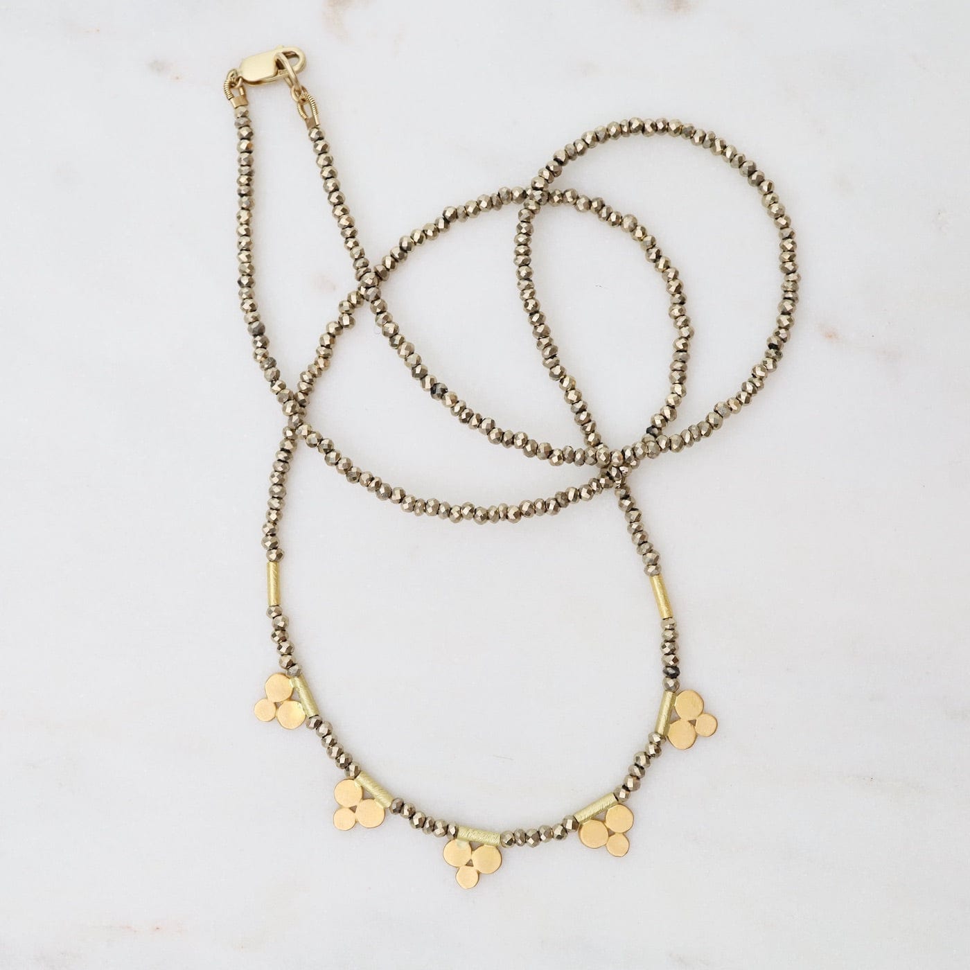 NKL-22K Pyrite Bead Necklace with Five 22k Trios