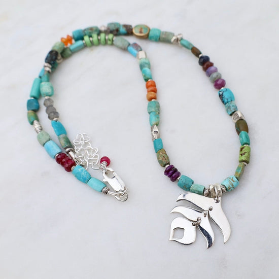 NKL Chunky Turquoise with Silver Peacock Feather Necklace