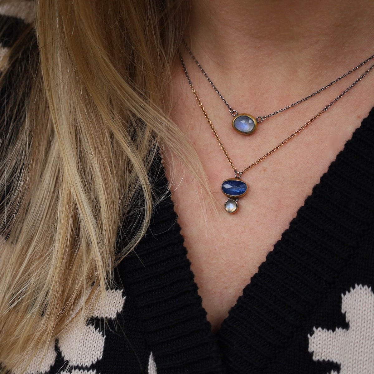 NKL Double Rim Necklace with Split Chain - Blue Kyanit