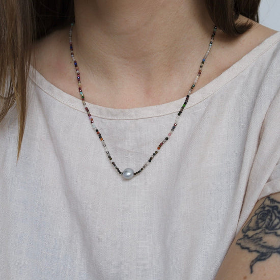 NKL Faceted Multi Stone with Grey Pearl Necklace