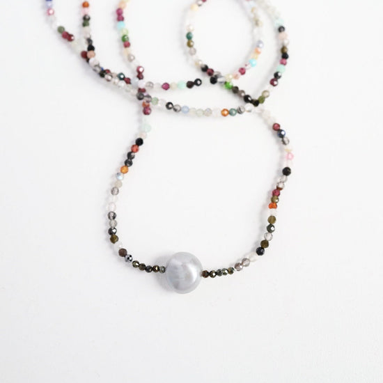 NKL Faceted Multi Stone with Grey Pearl Necklace