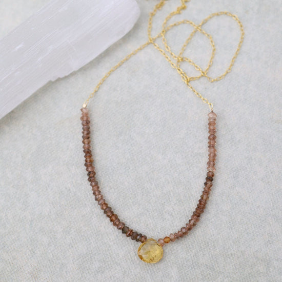 NKL-GF Gold Filled Necklace with Gemstone Arc & Briolette Drop - Rutilated Quartz & Citrine