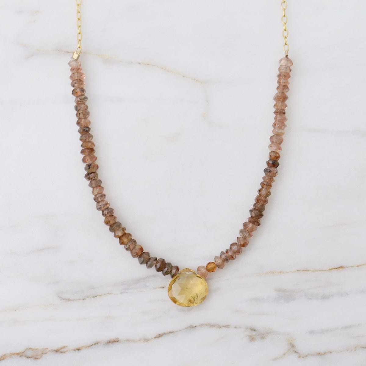 NKL-GF Gold Filled Necklace with Gemstone Arc & Briolette Drop - Rutilated Quartz & Citrine