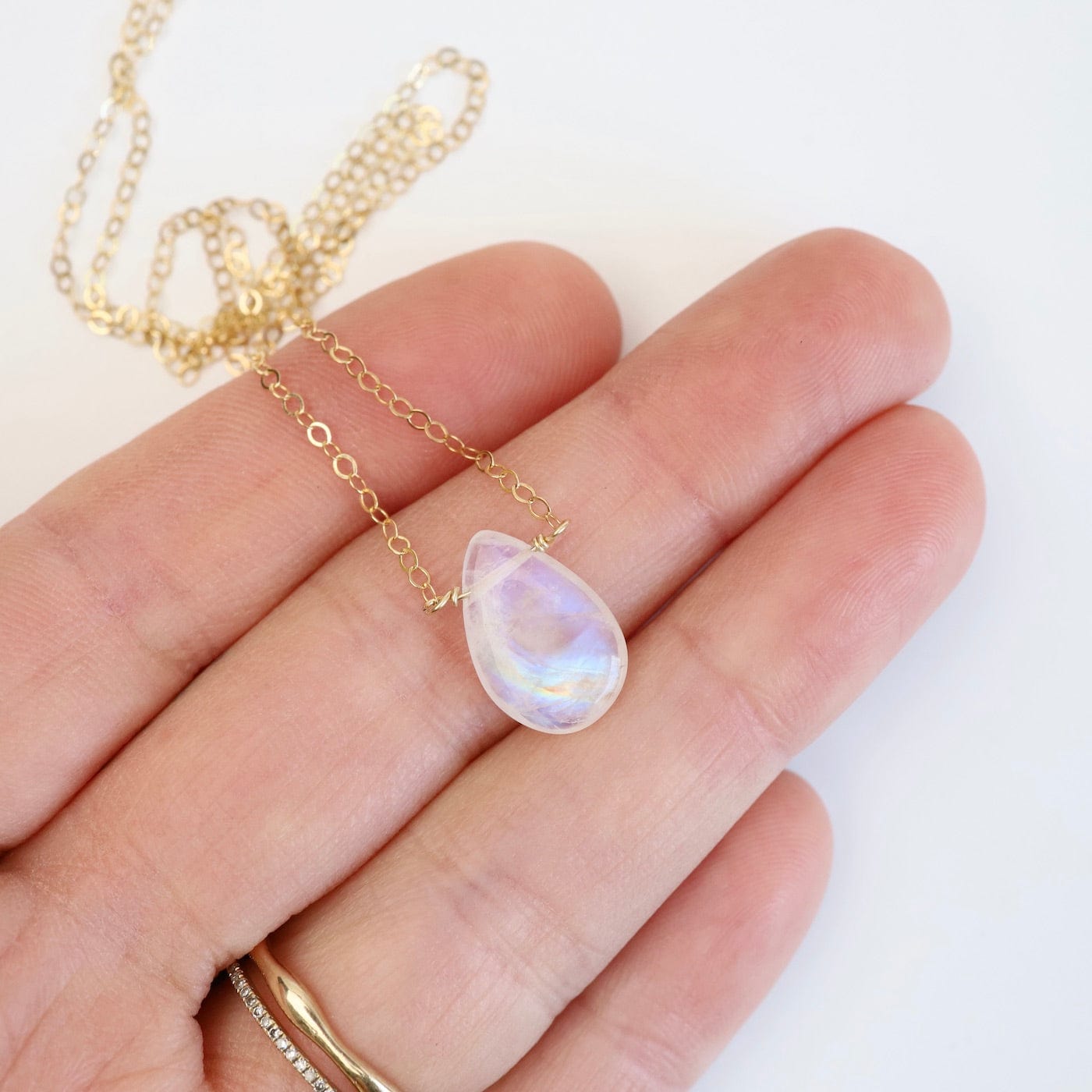 Gold Filled Smooth Rainbow Moonstone Drop Necklace – Dandelion Jewelry