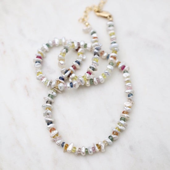 NKL-GF White Pearl & Multi-Color Sapphire Necklace