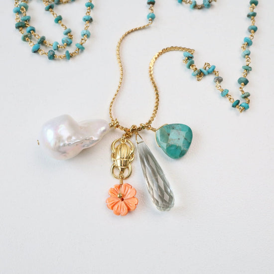 NKL-GPL Turquoise Mix long Charm Necklace