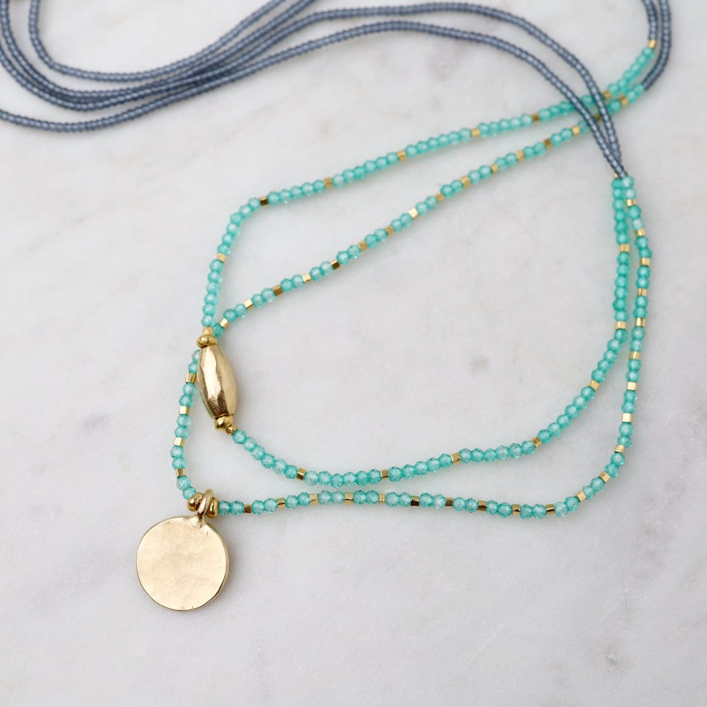 NKL Grey, Green Onyx & Gold Vermeil Hammered Disc Charm Necklace