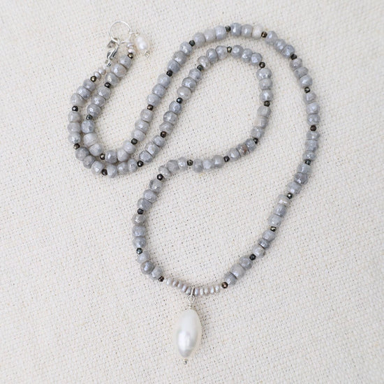 NKL Grey Moonstone with White Pearl Drop Necklace