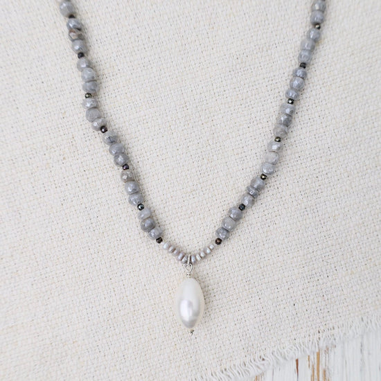 NKL Grey Moonstone with White Pearl Drop Necklace