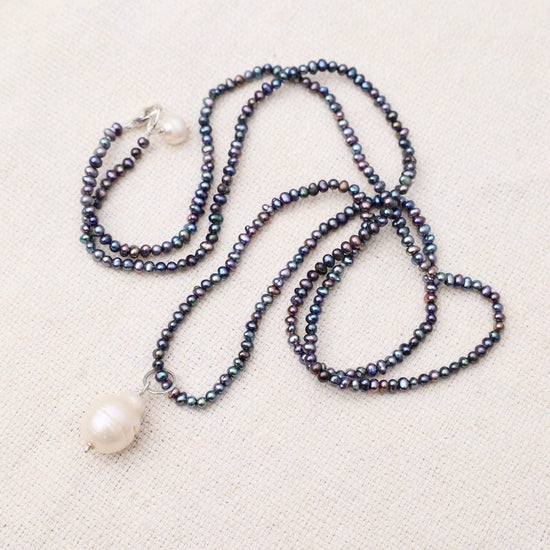 NKL Grey Pearl with White Pearl Drop Long Necklace