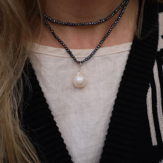 NKL Grey Pearl with White Pearl Drop Long Necklace