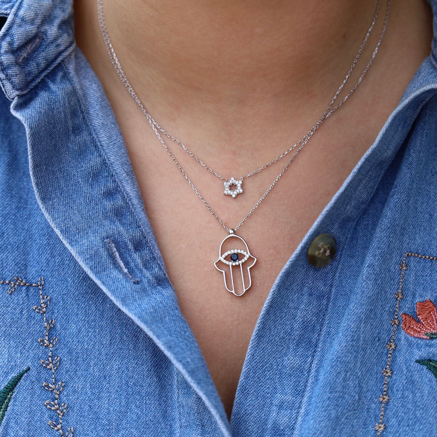 Hamsa Outline Necklace with CZ Evil Eye Sterling Silver