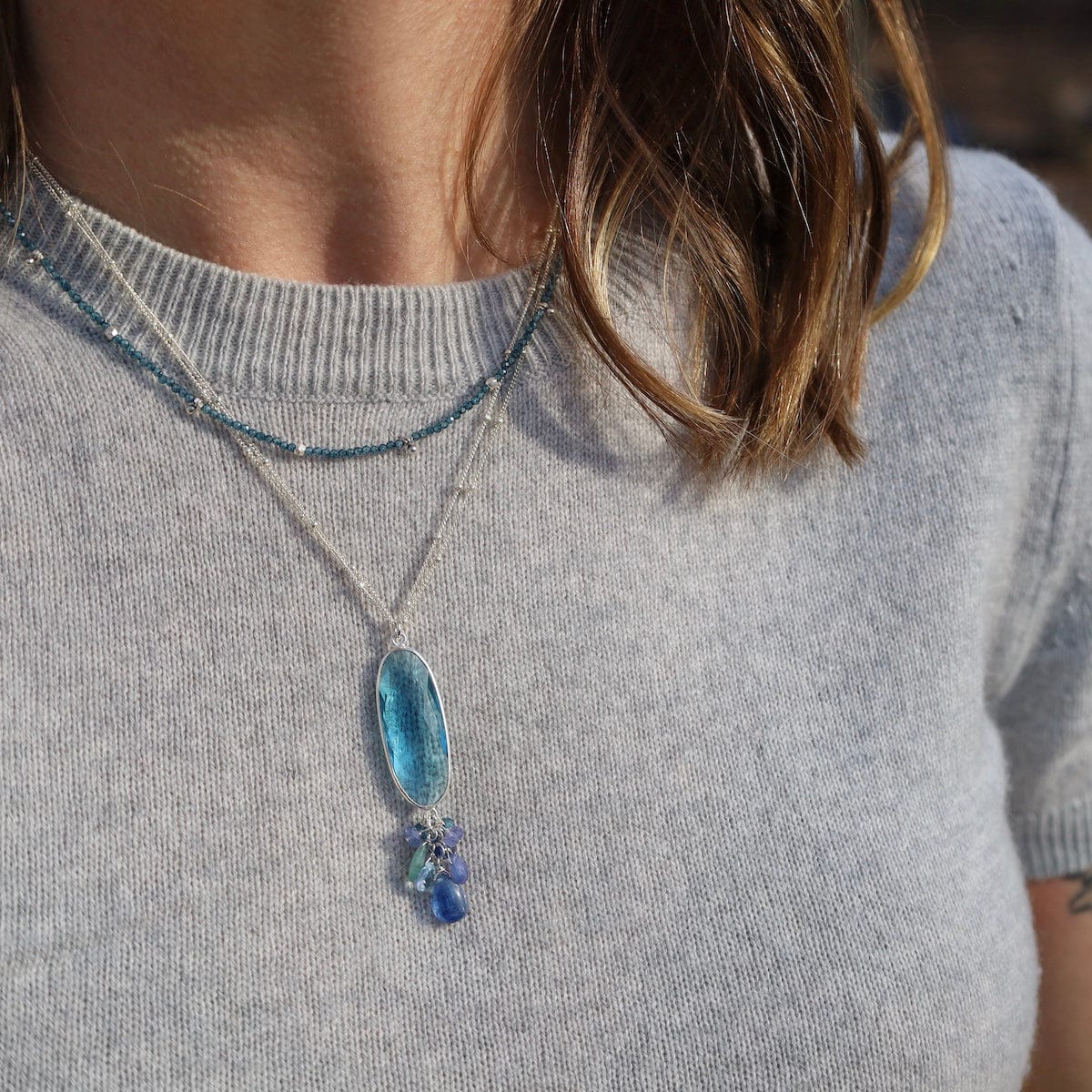London Blue Quartz Tiny Silver Ball Charms Necklace – Dandelion 