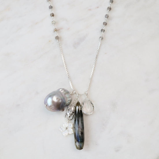 NKL Long Labradorite & Pearl Charm Necklace
