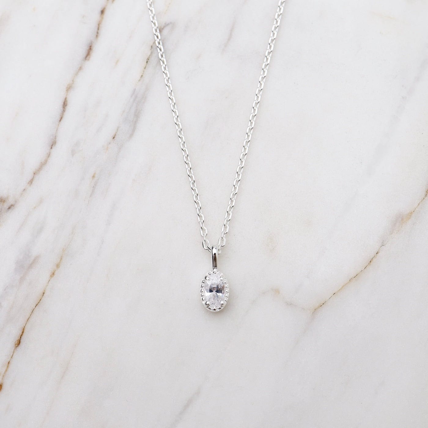NKL Oval CZ with Milgrain Edge Necklace - Sterling Silver