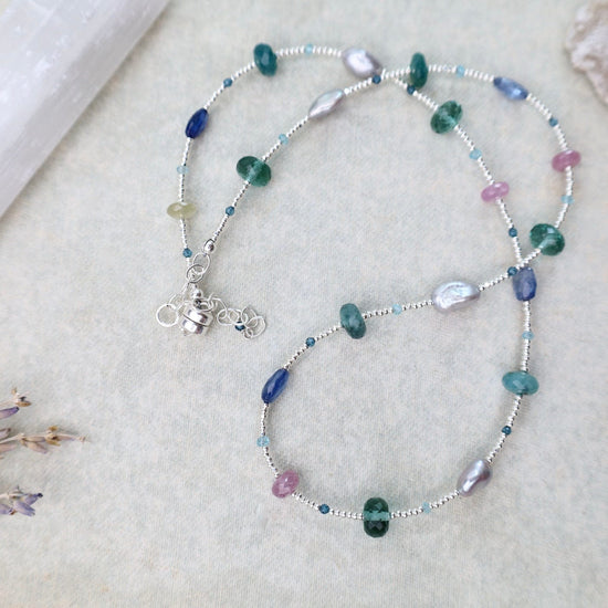 NKL Silver Glass Necklace with Kyanite, Quartz, Pearl, Sapphire, Grandidierite, & Apatite