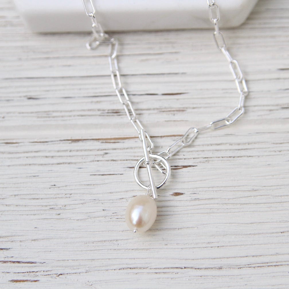 Sterling Silver Parallel Chain with Front Toggle Clasp & Pearl