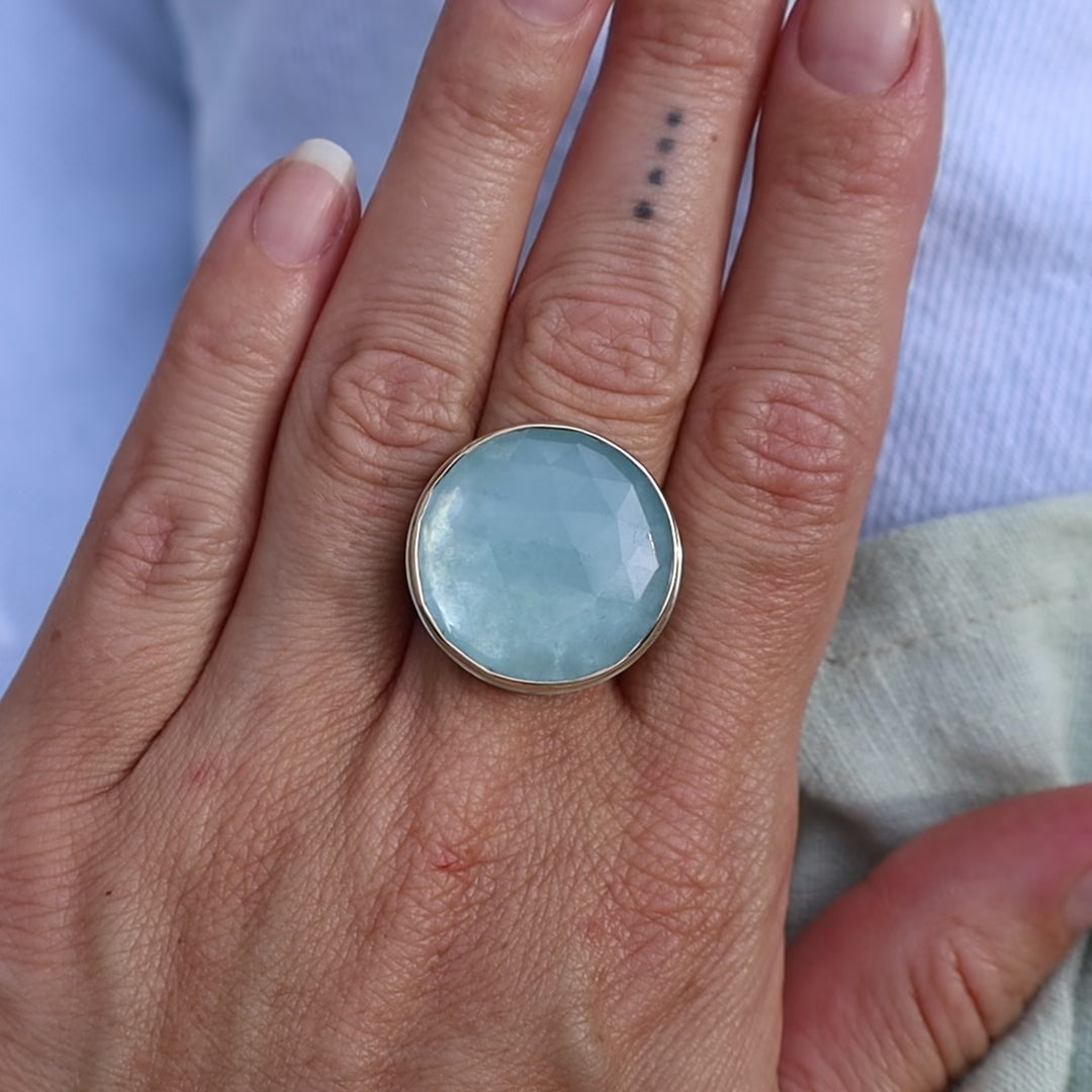 Load and play video in Gallery viewer, Jamie Joseph Large Round Rose Cut Aquamarine Ring
