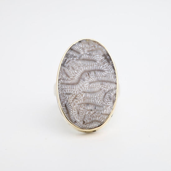 RNG-14K Sterling & 14K Gold Ring with Vertical Oval Fossilized Coral