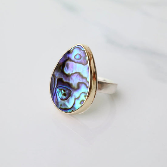 RNG-14K Sterling & 14K Gold Ring with Vertical Teardrop Abalone