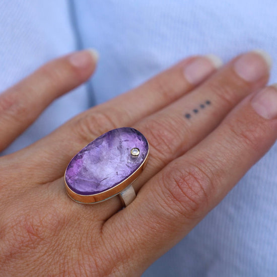 RNG-14K Sterling & 14K Gold Ring wtih Vertical Oval Surface Cut Amethyst & Diamond