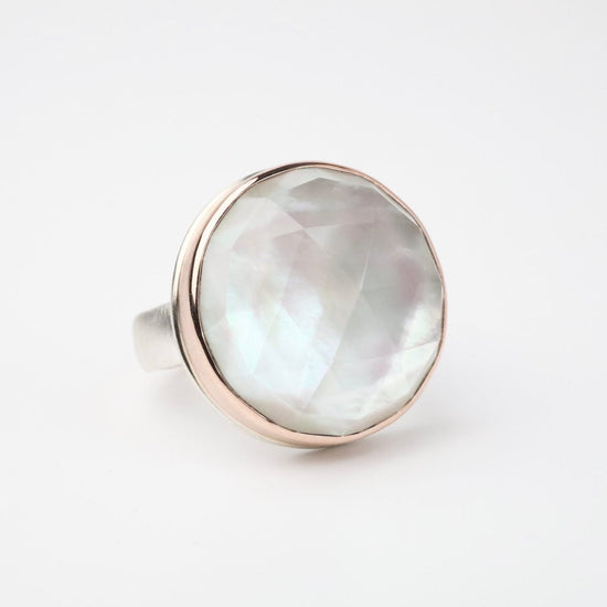 RNG-14K Sterling & 14K Rose Gold Ring Round Rose Cut Rock Crystal Over Mother of Pearl