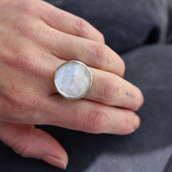 RNG-14K Sterling & 14K Rose Gold Ring Round Rose Cut Rock Crystal Over Mother of Pearl