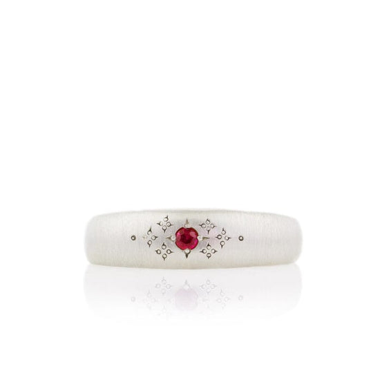 RNG Tapered Silver Moon Band with Etching in Ruby Ring