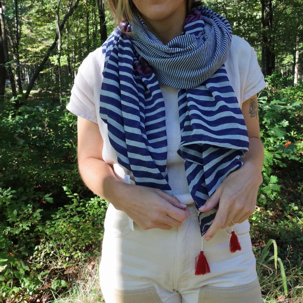 SCRF Cotton Scarf - Navy Stripe with Red Accents & Tassels