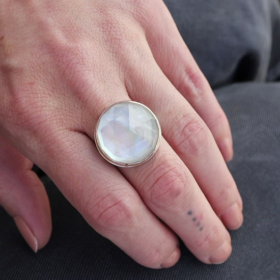 Load and play video in Gallery viewer, Jamie Joseph Round Rose Cut Rock Crystal Over Mother of Pearl Ring
