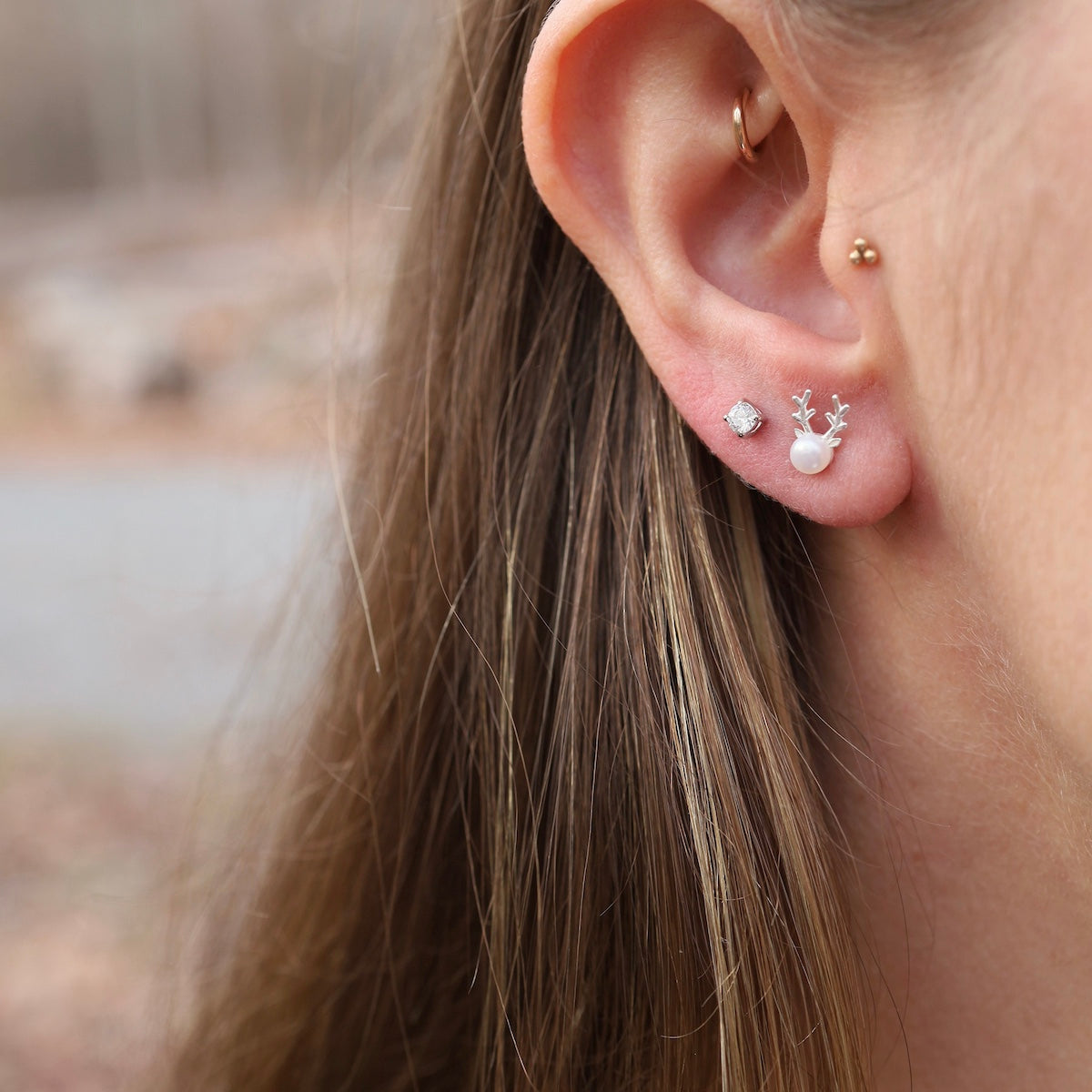 Sterling Silver Pearl with Antlers Post Earrings