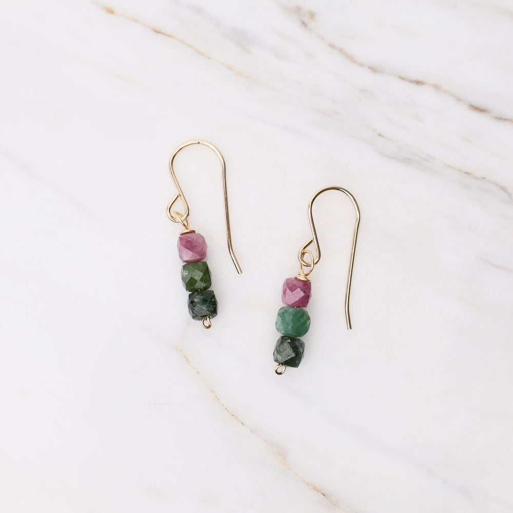 Gold Filled 3 Watermelon Tourmaline Cube Stack Drop Earrings