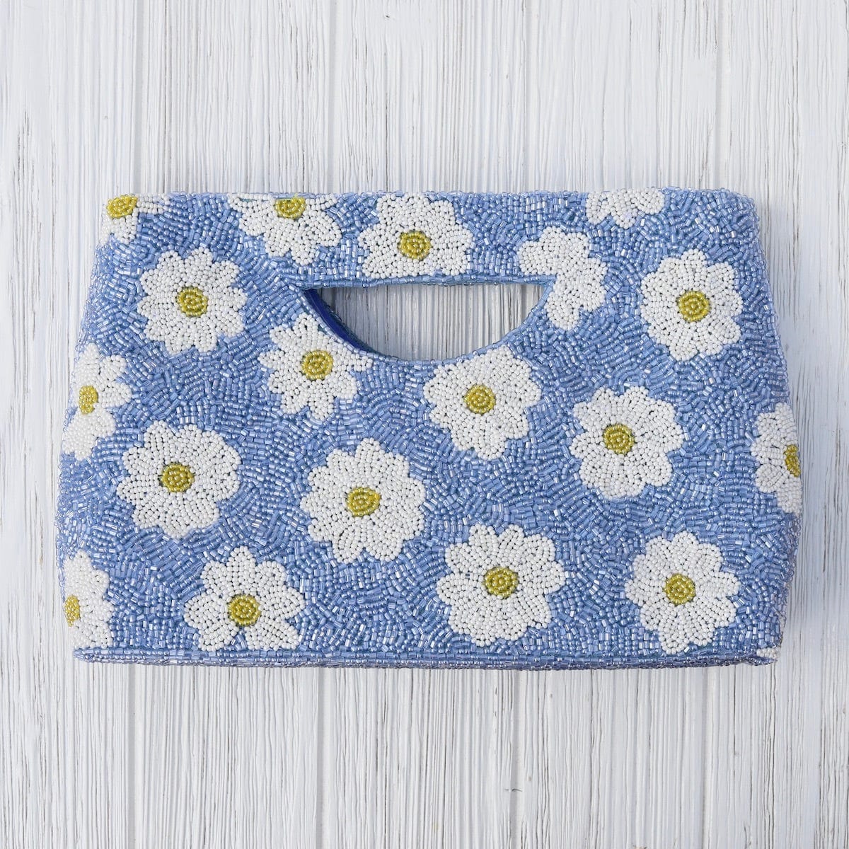 BAG Cut Out Handle Clutch in Blue with White Daisies