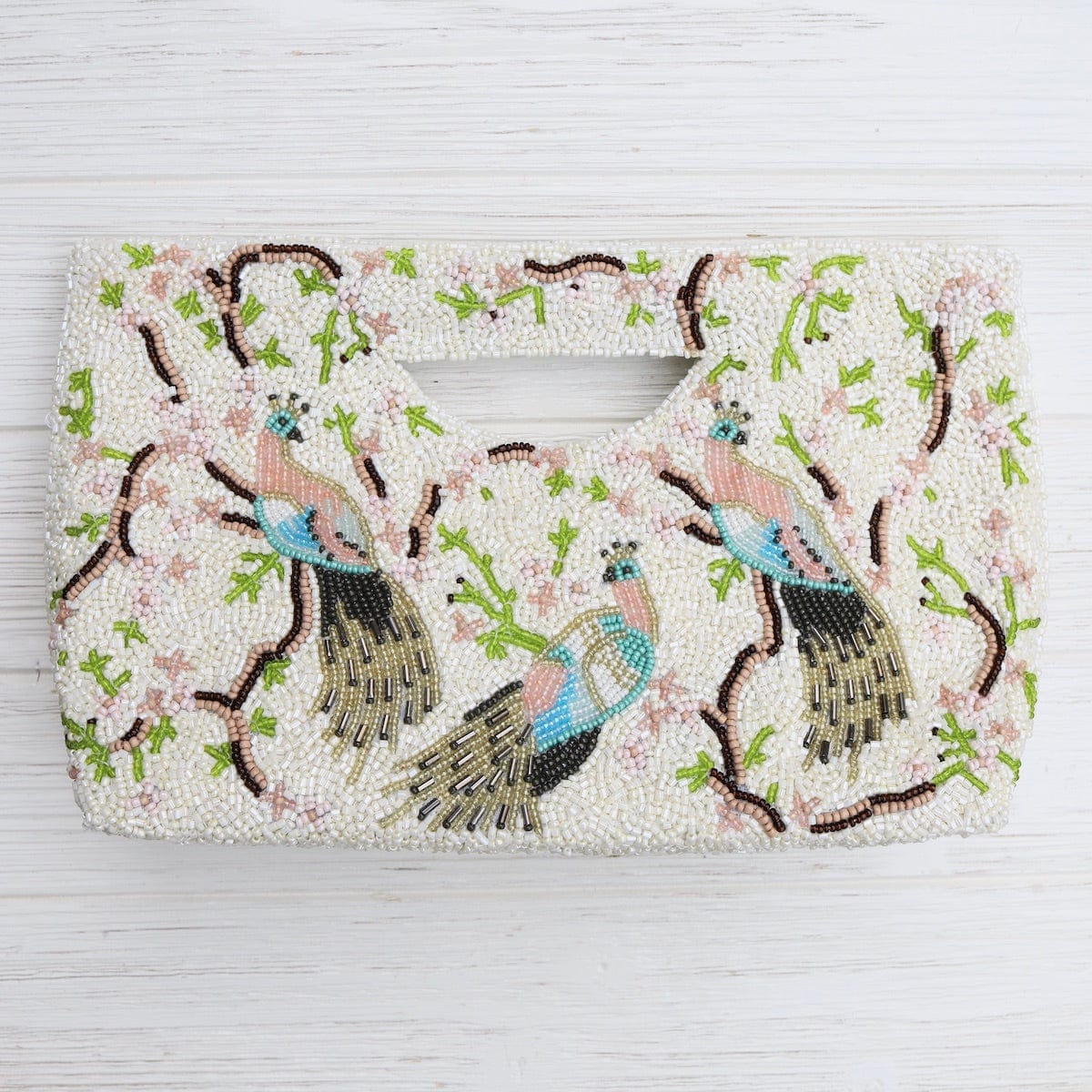 BAG Cut Out Handle Clutch in Ivory with Peacocks
