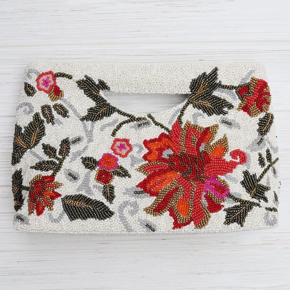 BAG Cut Out Handle Clutch in Ivory with Red Flowers