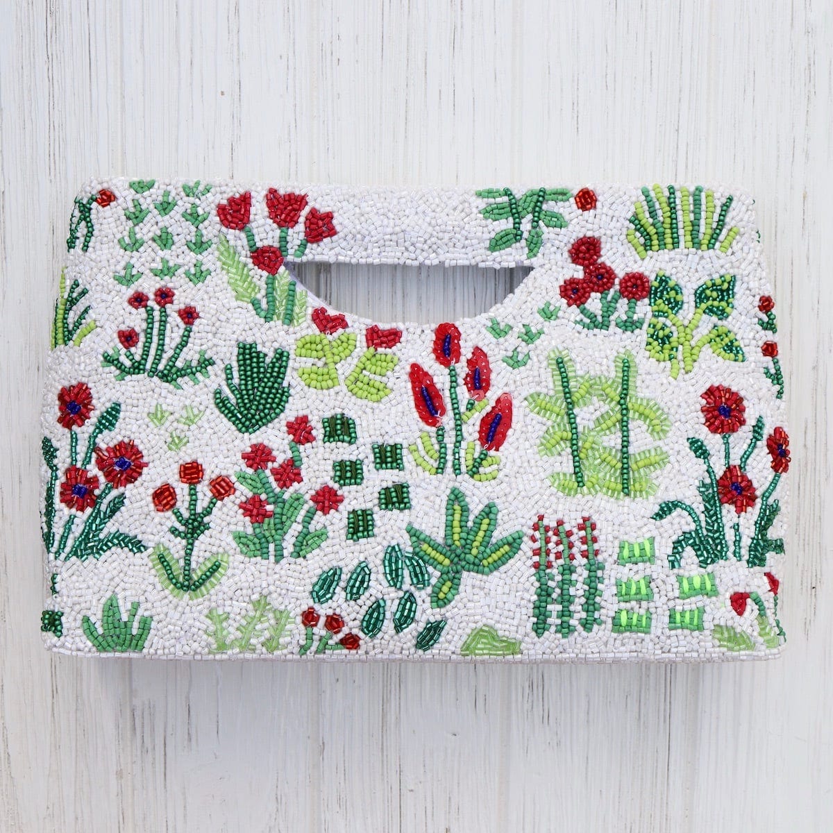 Cut Out Handle Clutch in White with Red Flowers Dandelion Jewelry