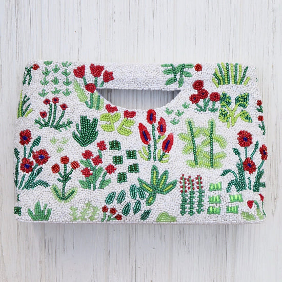 BAG Cut Out Handle Clutch in White with Red Flowers