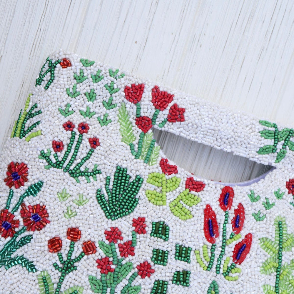 BAG Cut Out Handle Clutch in White with Red Flowers