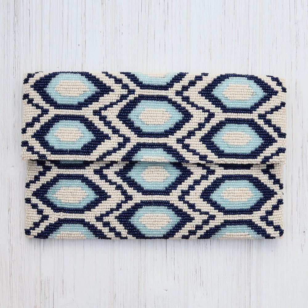 
                      
                        BAG Half Flap Beaded Clutch in Ivory, Light, Navy Blue
                      
                    