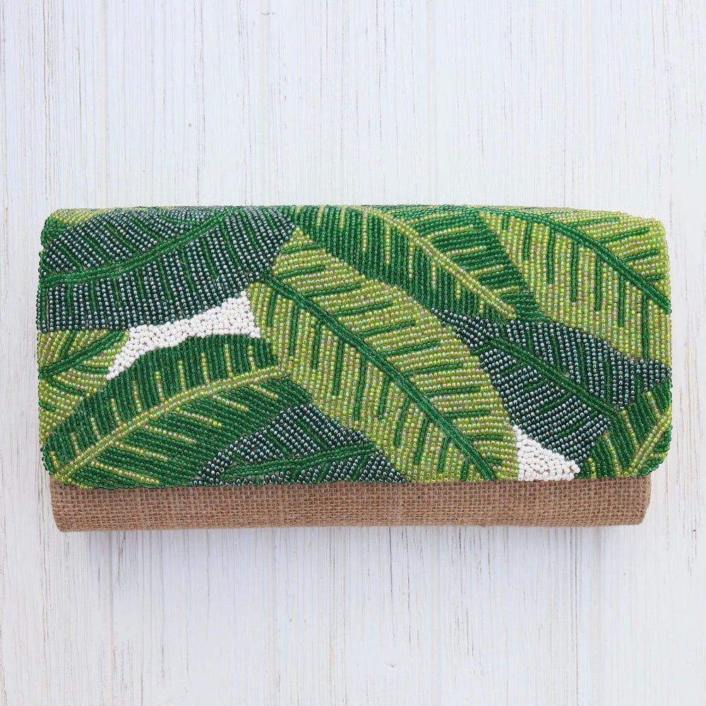 BAG Half Flap Natural Clutch in Beaded Green Leaves