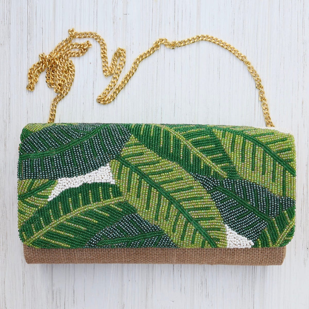 BAG Half Flap Natural Clutch in Beaded Green Leaves