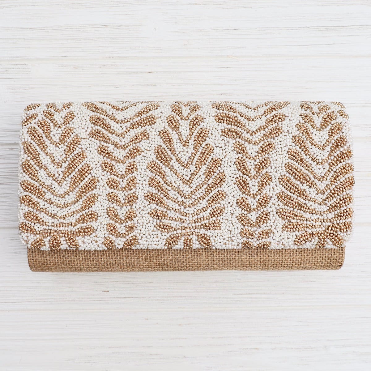 BAG Half Flap Natural Clutch in Beaded Ivory and Gold