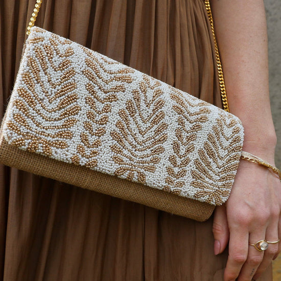 BAG Half Flap Natural Clutch in Beaded Ivory and Gold