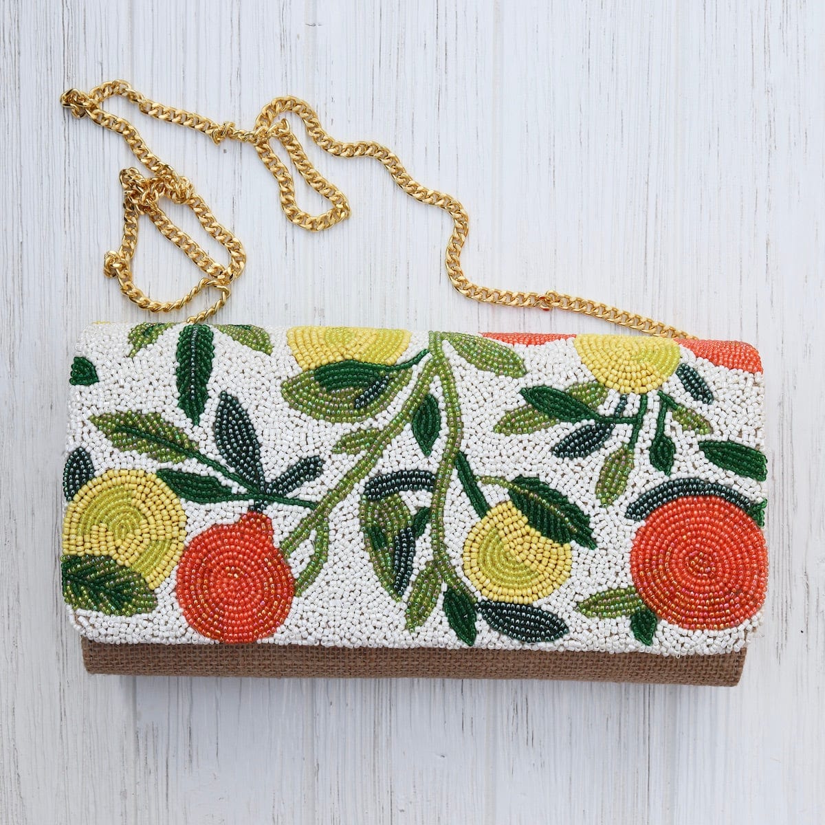 BAG Half Flap Natural Clutch in Beaded Ivory with Oranges and Lemons