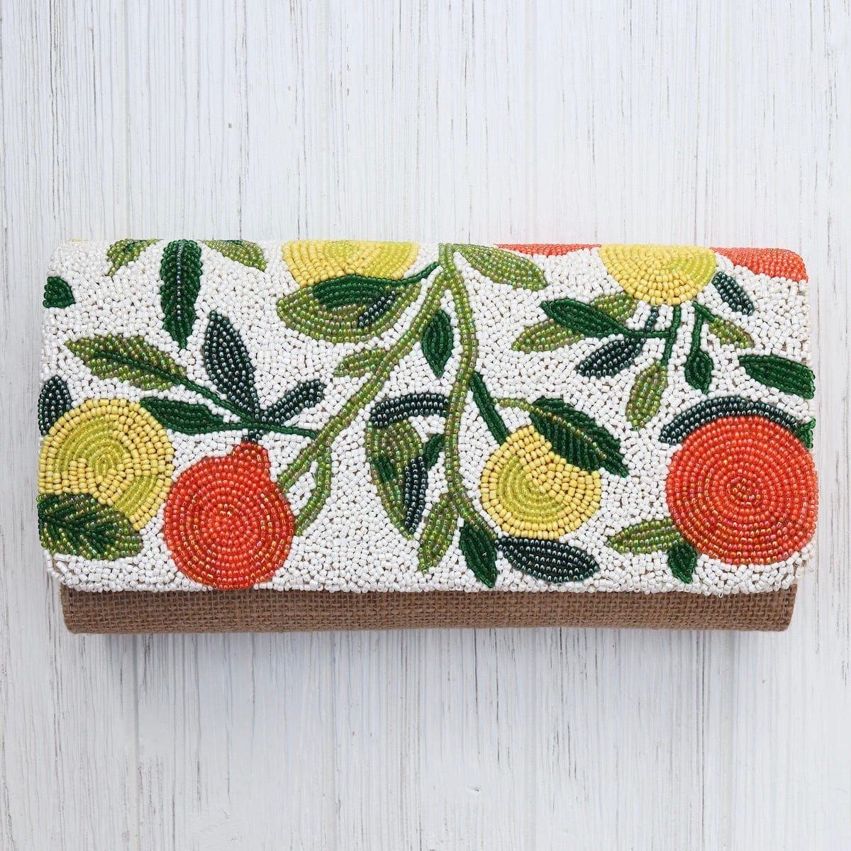 BAG Half Flap Natural Clutch in Beaded Ivory with Oranges and Lemons