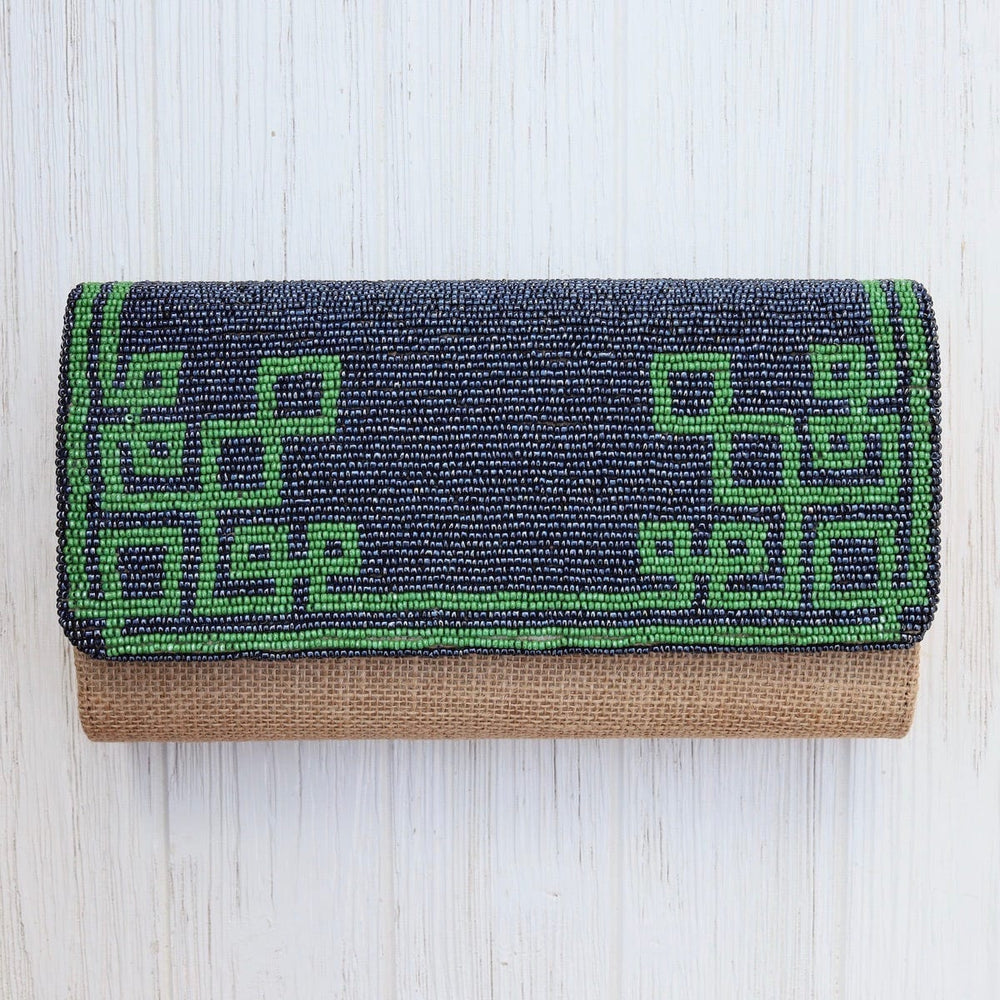 BAG Half Flap Natural Clutch in Beaded Navy and Green