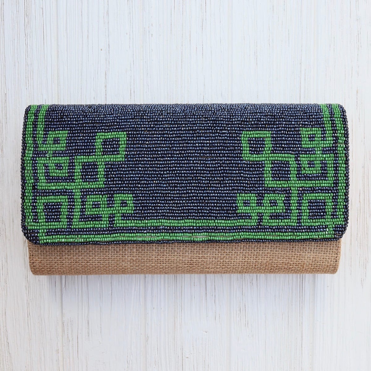 BAG Half Flap Natural Clutch in Beaded Navy and Green