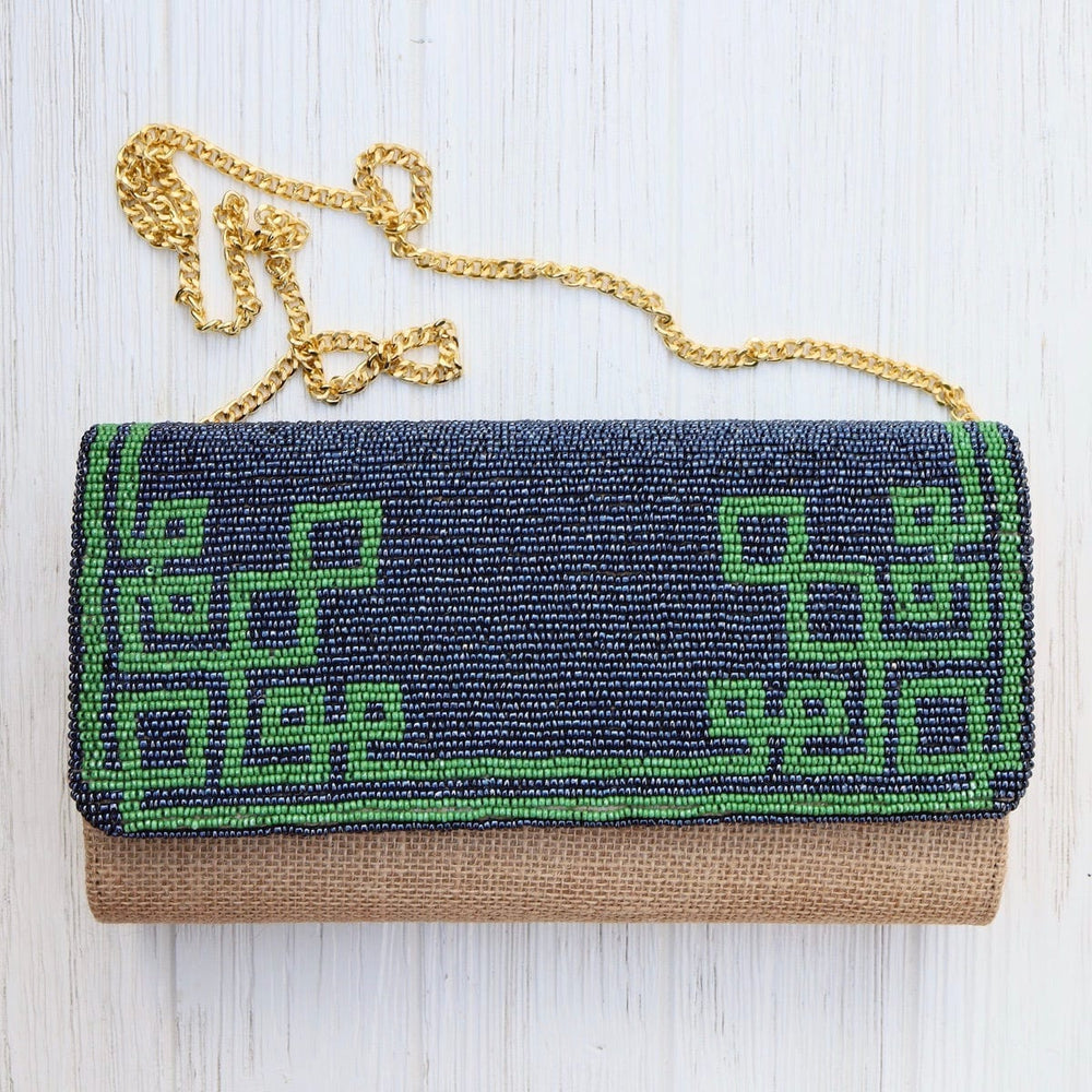 BAG Half Flap Natural Clutch in Beaded Navy and Green