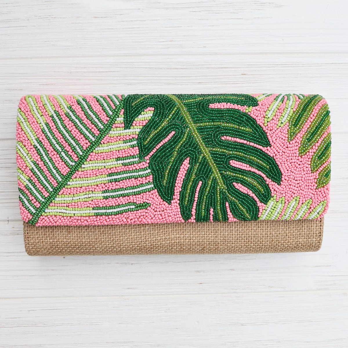 BAG Half Flap Natural Clutch in Beaded Pink with Green Leaves